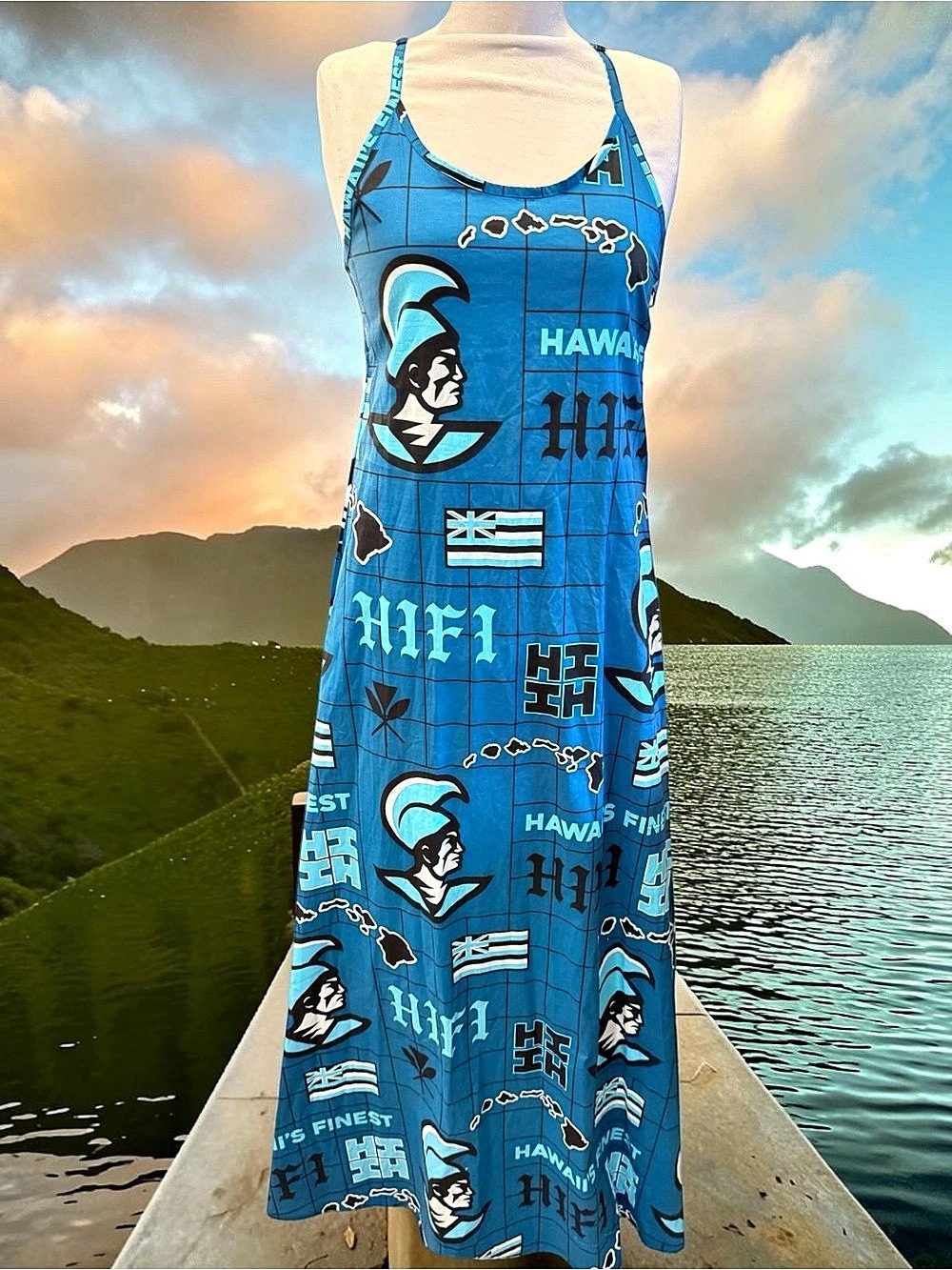 Hawaii’s Finest Women Koa Aloha Blue Long Dress Adjustable Spaghetti Strap Sz XS